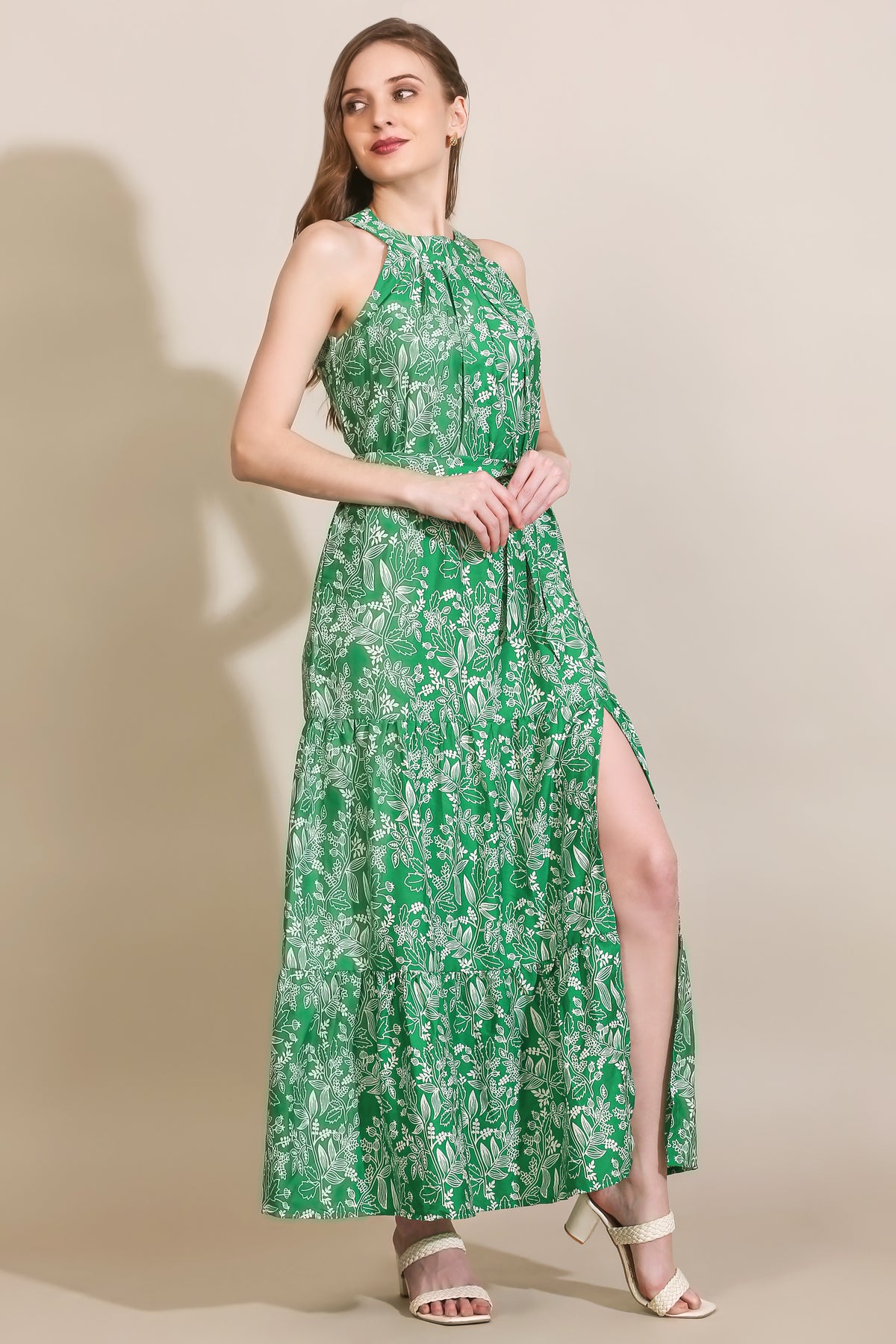 Women’s Green & White Floral Printed Halter Neck Front Slit Maxi Dress