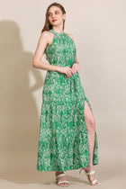 Women’s Green & White Floral Printed Halter Neck Front Slit Maxi Dress