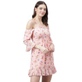 Women's Pink Floral Cold Shoulder Mini Dress – Ruffled Hem, Summer Casual Style