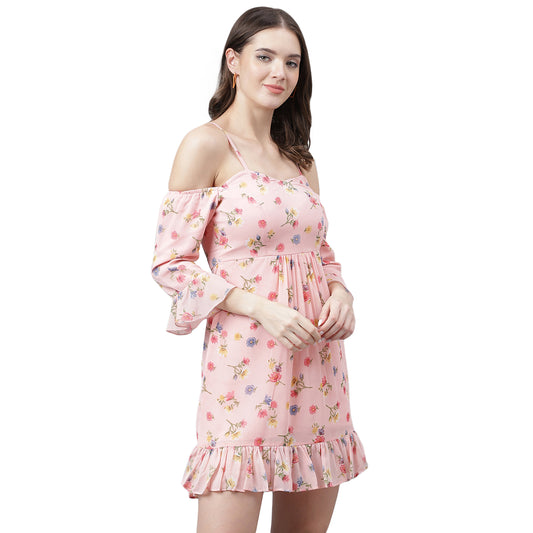 Women's Pink Floral Cold Shoulder Mini Dress – Ruffled Hem, Summer Casual Style