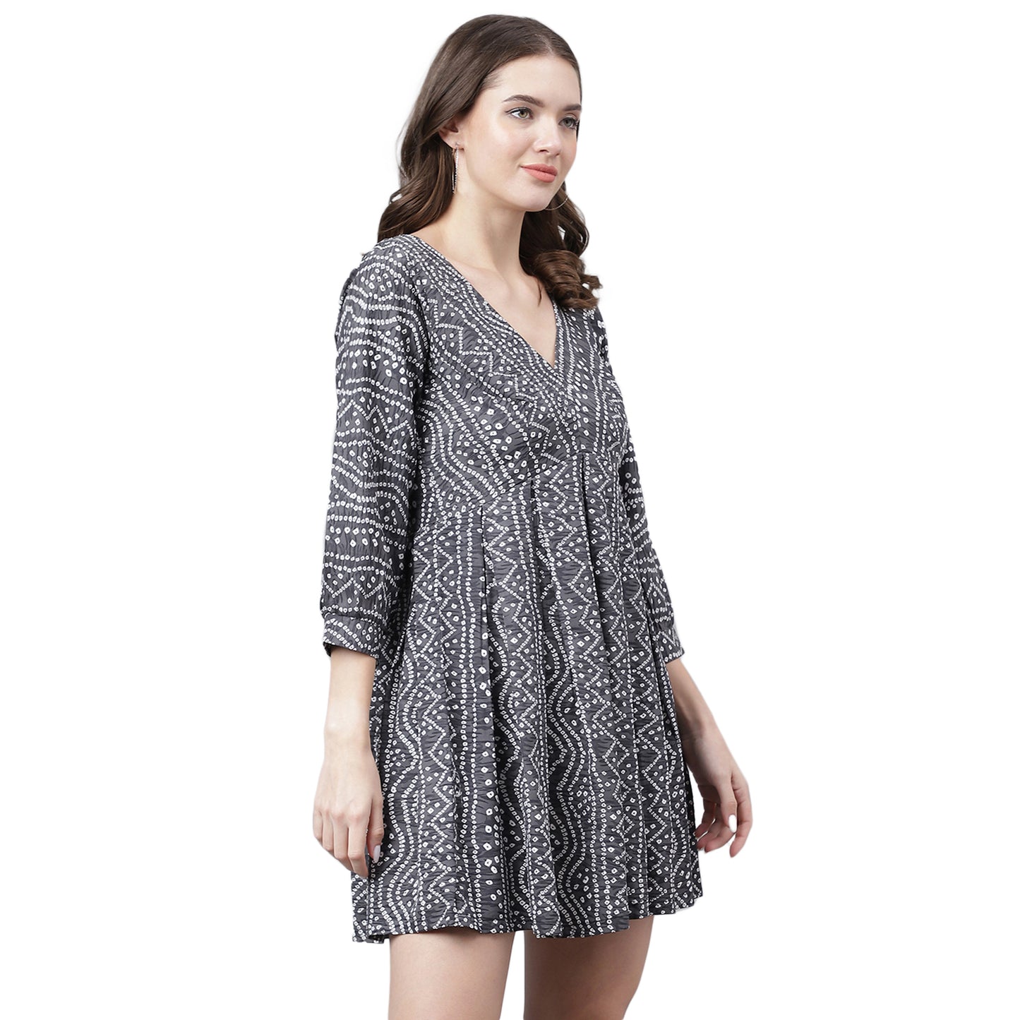 Women's Grey & White Geometric Print Mini Dress – Tie-Up Back, Casual Summer Dress
