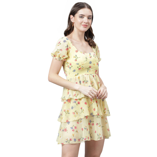 Women's Yellow Floral Tiered Mini Dress – Puff Sleeves, Summer Casual A-Line Dress