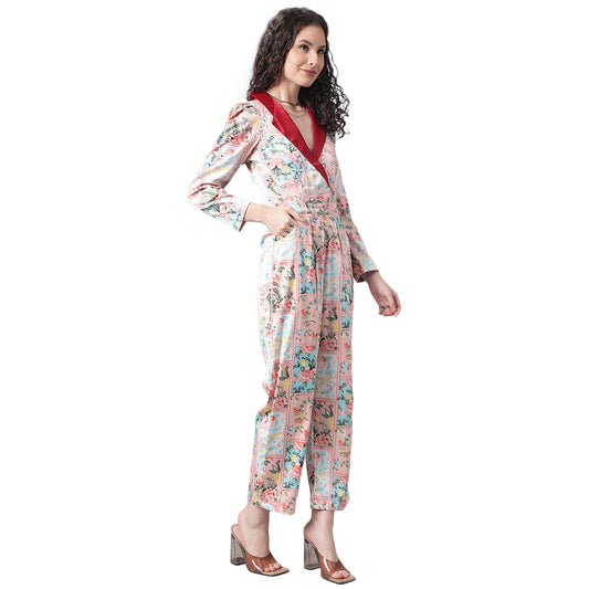 Red Satin Collar Casual Cotton Jump Suit Western Wear Dress