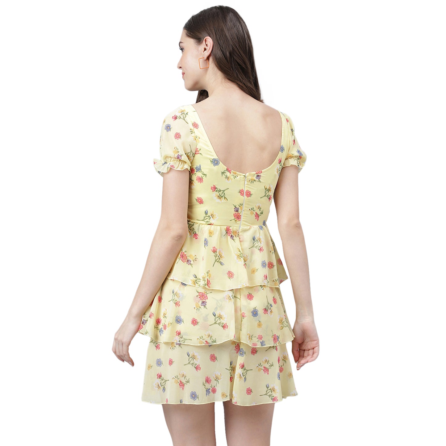 Women's Yellow Floral Tiered Mini Dress – Puff Sleeves, Summer Casual A-Line Dress