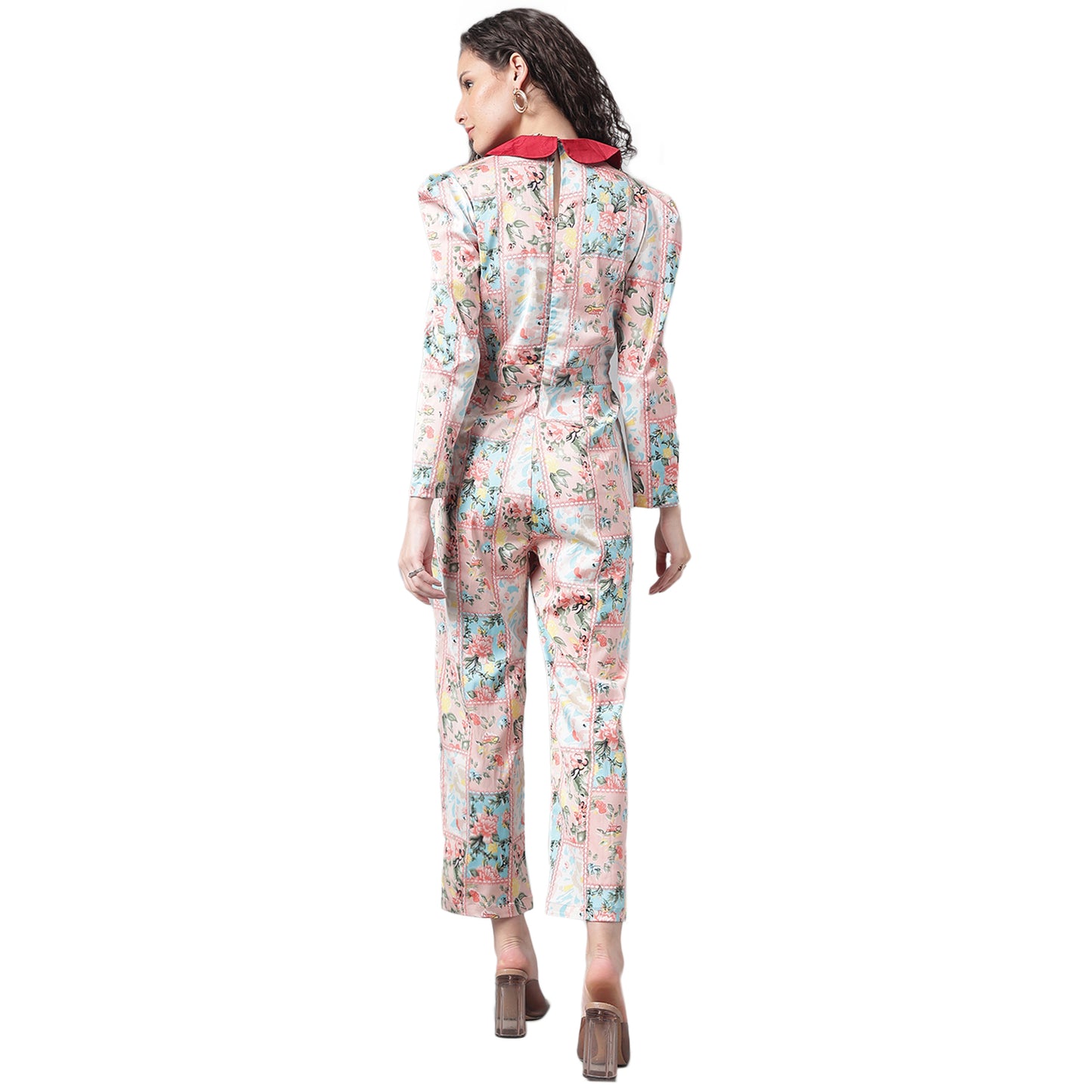 Red Satin Collar Casual Cotton Jump Suit Western Wear Dress