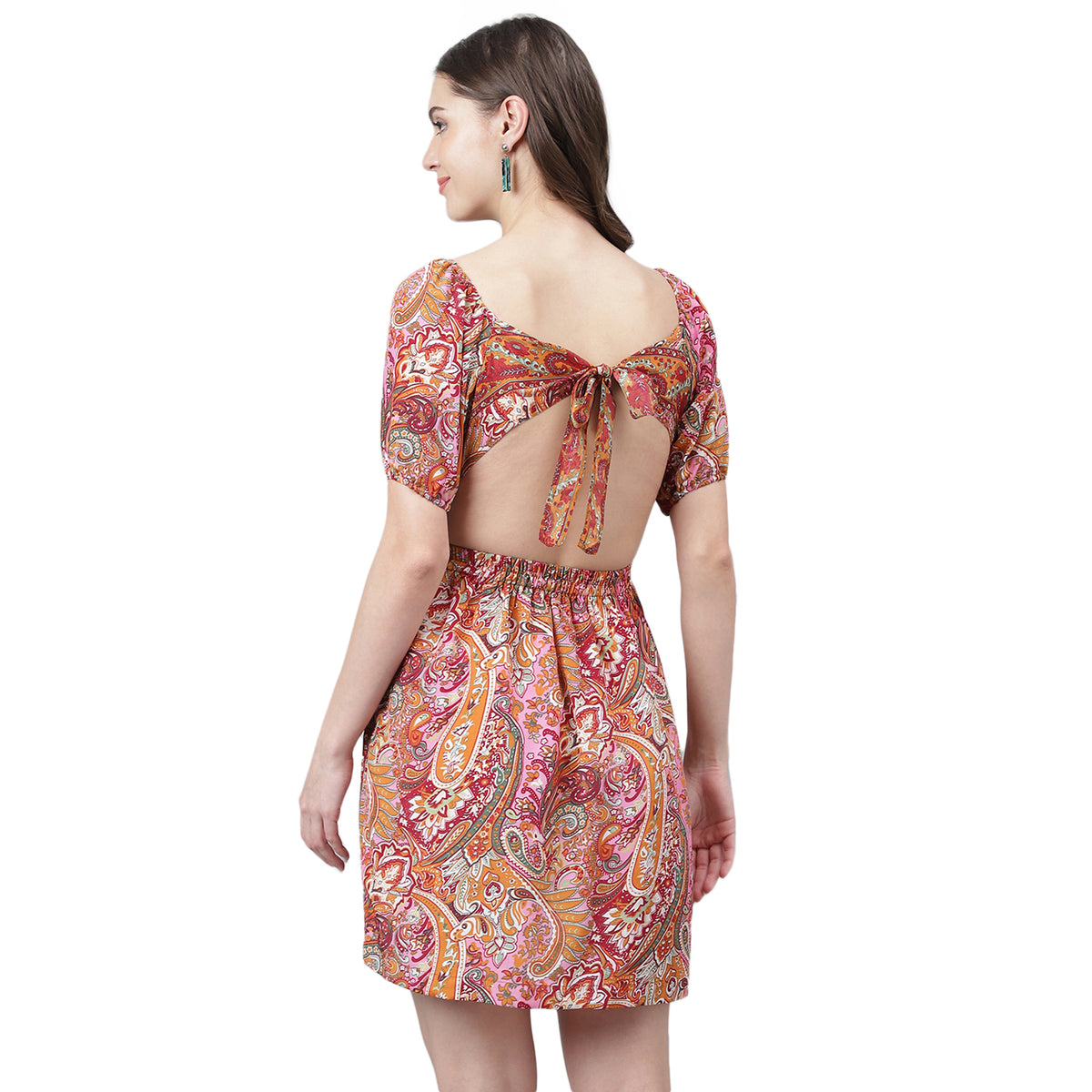 Women's Orange & Pink Paisley Mini Dress – Tie-Up Back, Boho Summer Casual Dress