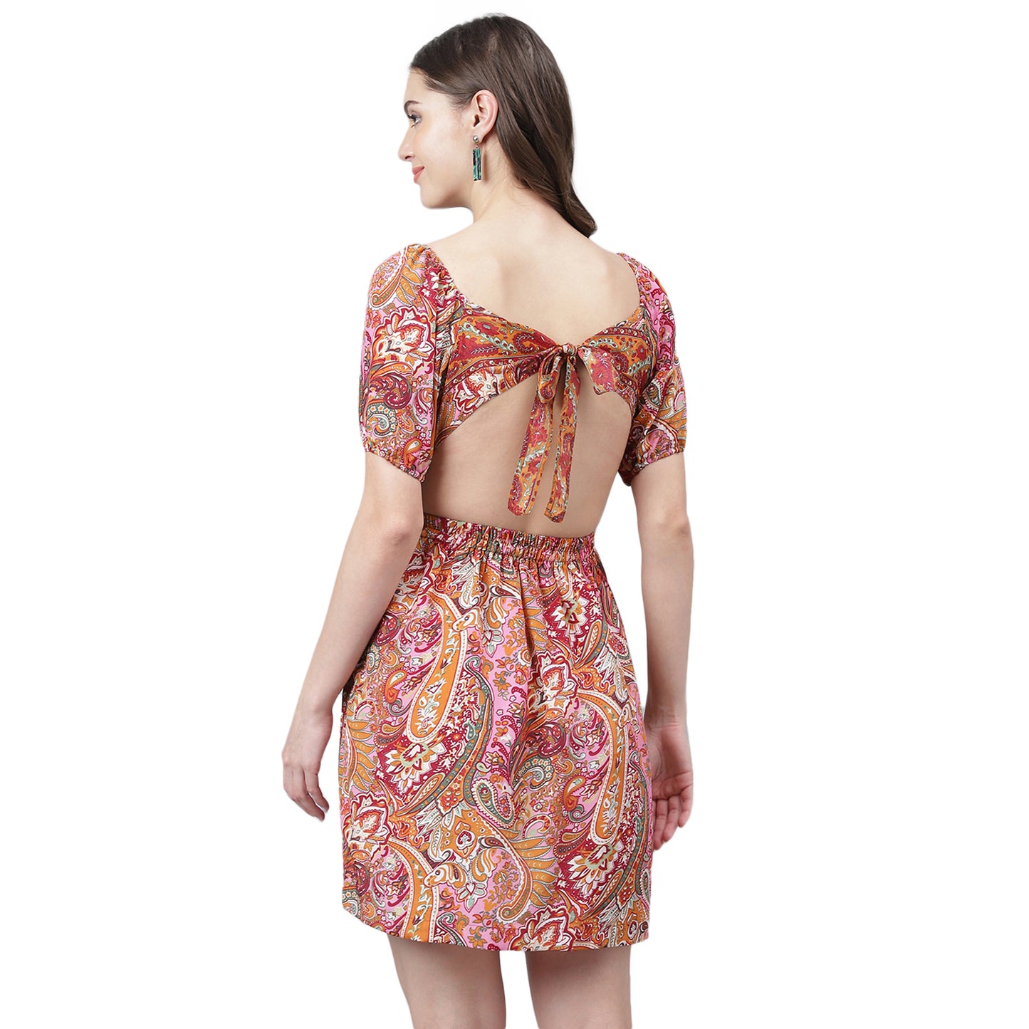 Women's Orange & Pink Paisley Mini Dress – Tie-Up Back, Boho Summer Casual Dress