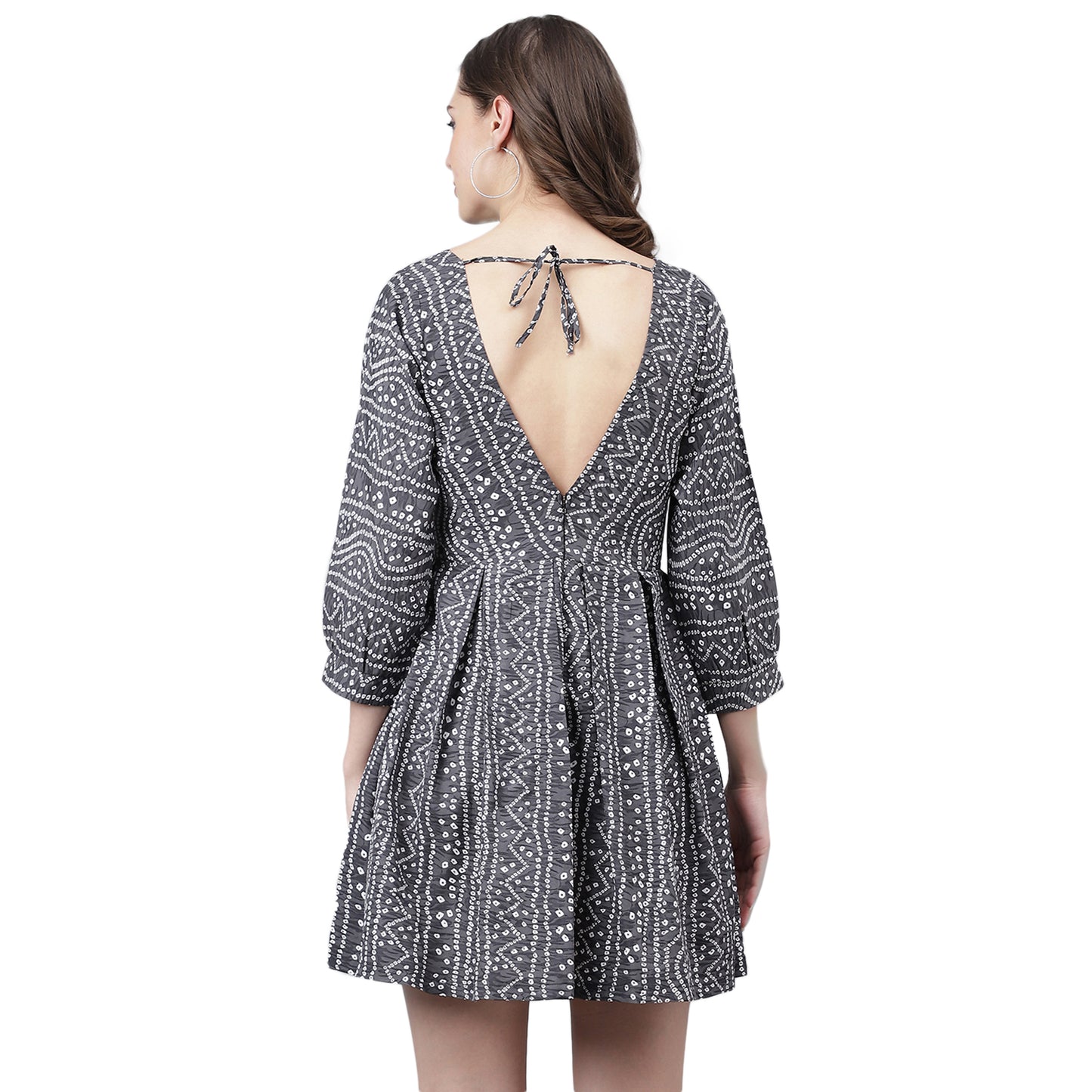 Women's Grey & White Geometric Print Mini Dress – Tie-Up Back, Casual Summer Dress
