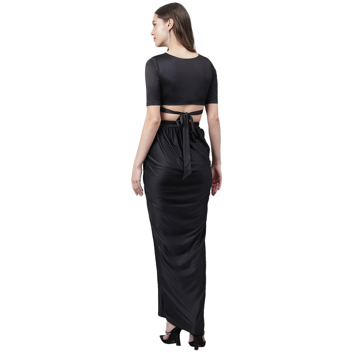 Trymisfit Women's Black Cord Cotton Blend Saree Drape Co-ord Set – Halter Crop Top & Drawstring Skirt | Modern Indo-Western Festive Wear