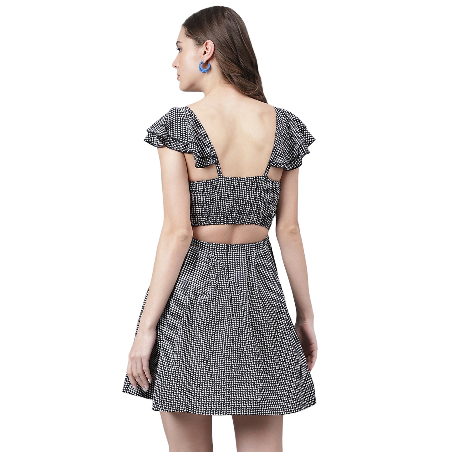 Women’s Black & White Houndstooth Mini Dress – Ruffled Sleeves, Chic Casual Dress