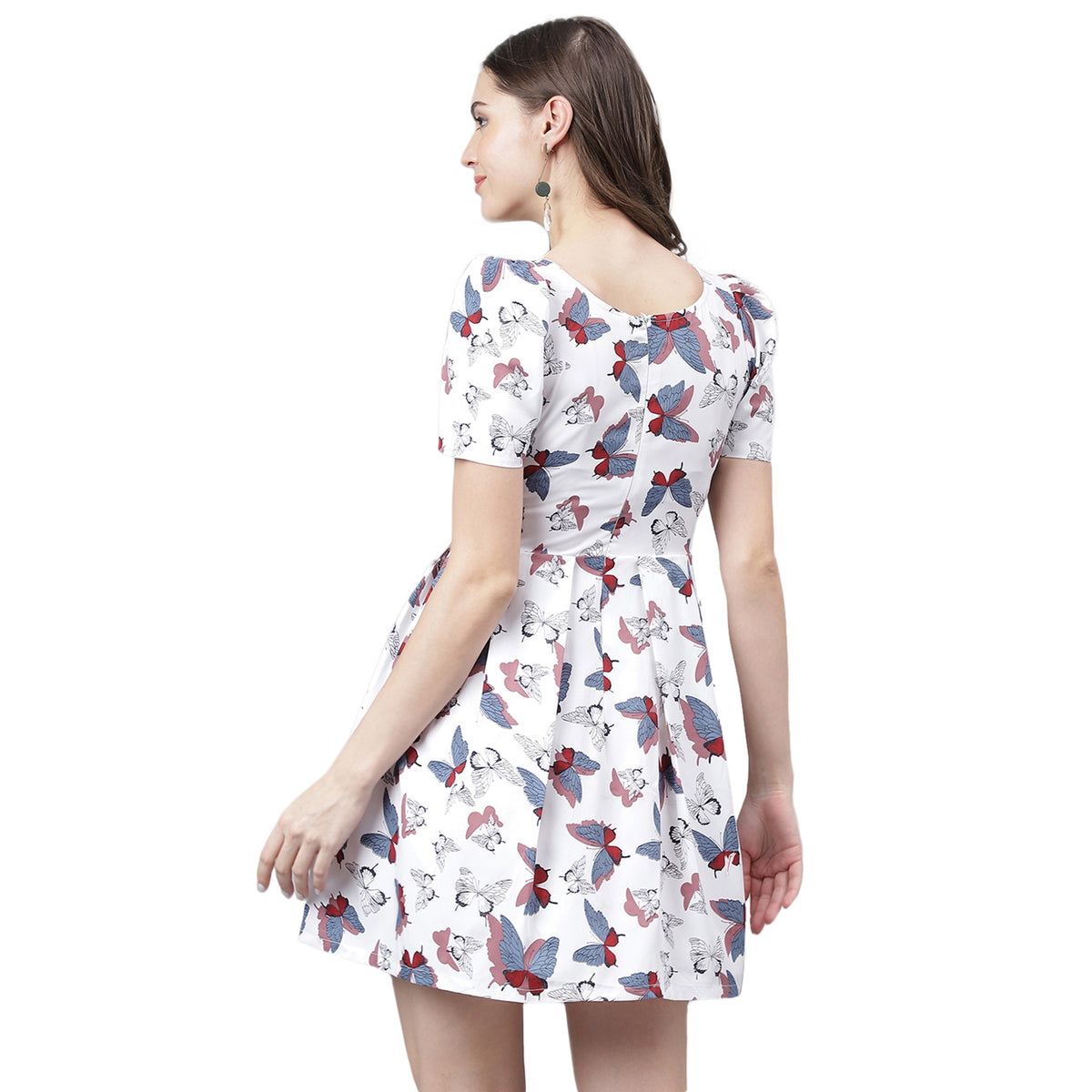 Women's White Butterfly Print Mini Dress – Fit and Flare, Puff Sleeves, Summer Casual Dress