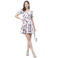 Women's White Butterfly Print Mini Dress – Fit and Flare, Puff Sleeves, Summer Casual Dress