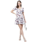 Women's White Butterfly Print Mini Dress – Fit and Flare, Puff Sleeves, Summer Casual Dress