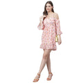 Women's Pink Floral Cold Shoulder Mini Dress – Ruffled Hem, Summer Casual Style