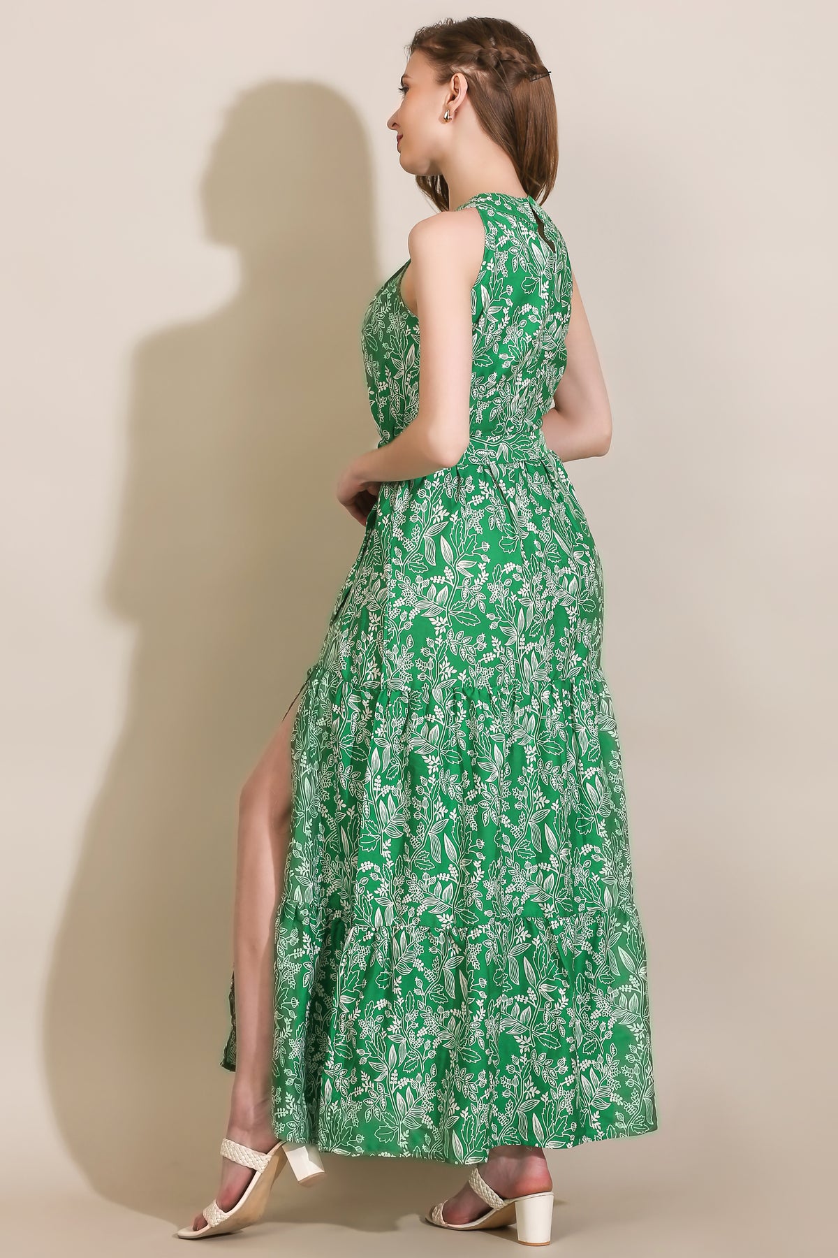 Women’s Green & White Floral Printed Halter Neck Front Slit Maxi Dress