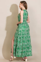 Women’s Green & White Floral Printed Halter Neck Front Slit Maxi Dress