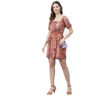 Women's Orange & Pink Paisley Mini Dress – Tie-Up Back, Boho Summer Casual Dress