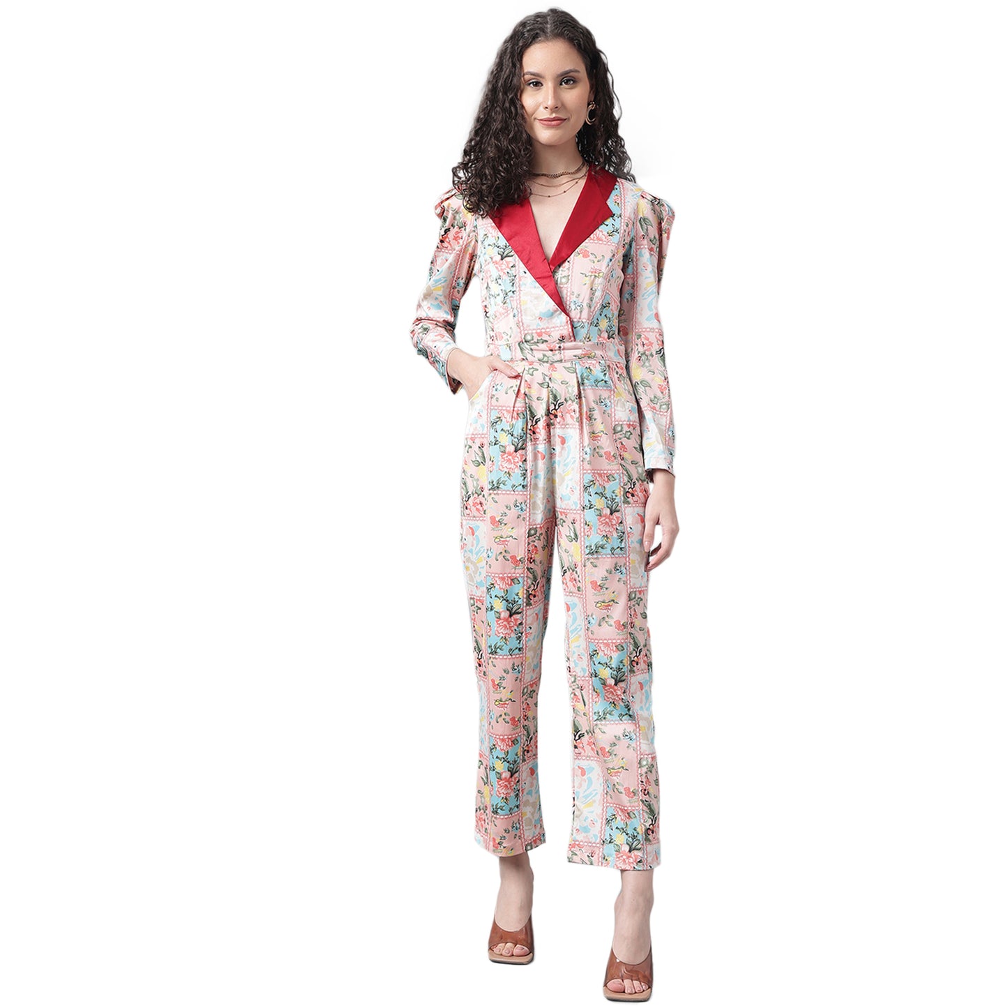 Red Satin Collar Casual Cotton Jump Suit Western Wear Dress