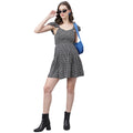 Women’s Black & White Houndstooth Mini Dress – Ruffled Sleeves, Chic Casual Dress