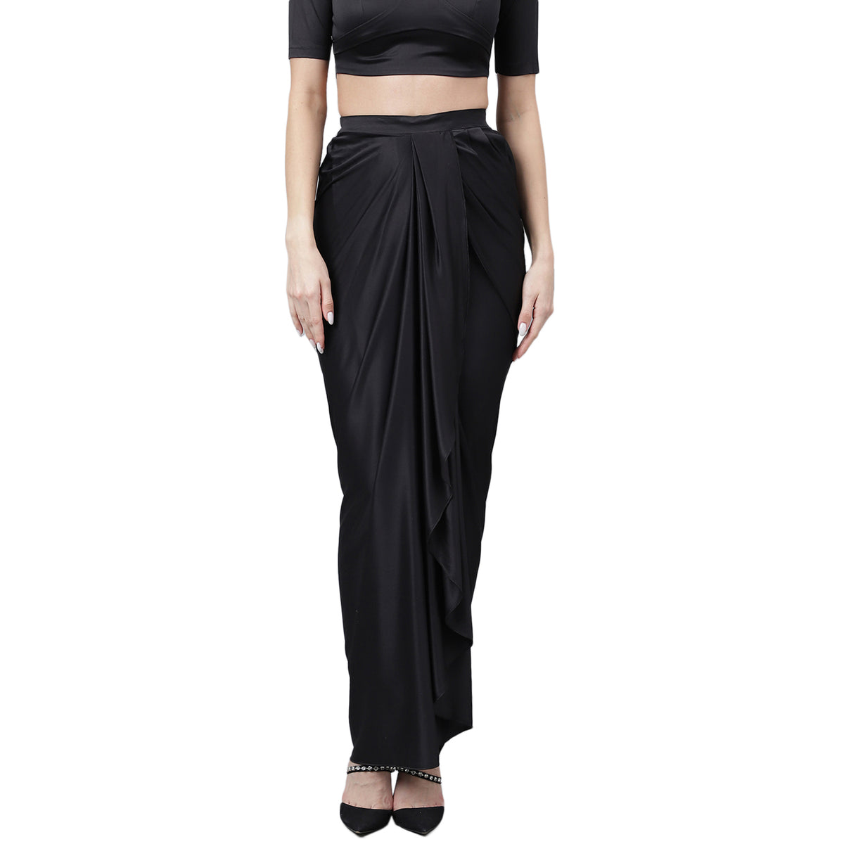 Trymisfit Women's Black Cord Cotton Blend Saree Drape Co-ord Set – Halter Crop Top & Drawstring Skirt | Modern Indo-Western Festive Wear