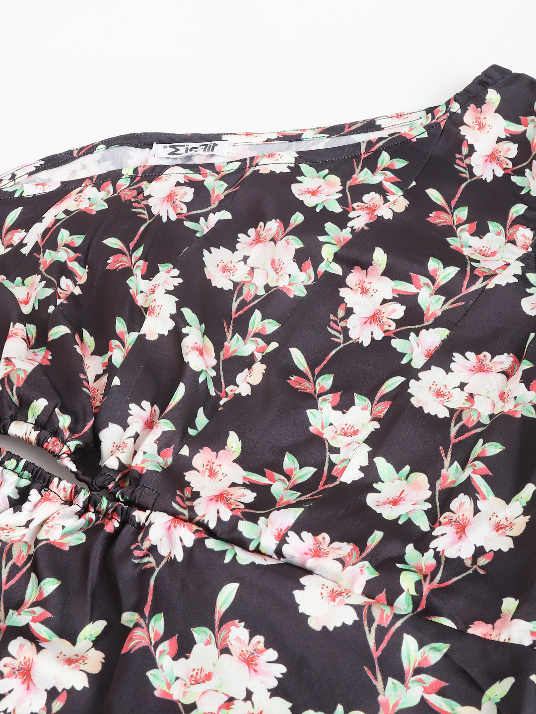 Black Floral Printed Single Arm Cotton Blend Dress