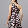 Black Floral Printed Single Arm Cotton Blend Dress