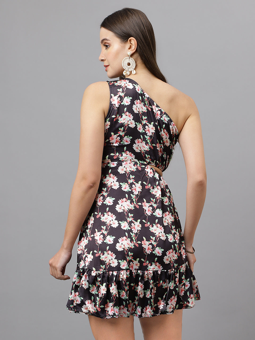 Black Floral Printed Single Arm Cotton Blend Dress