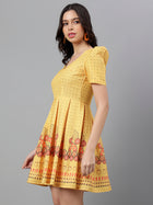 Women's Yellow Polka Dot Mini Dress – Puff Sleeves, Border Print, Summer A-Line Dress
