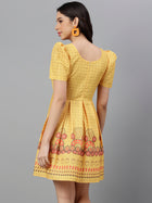 Women's Yellow Polka Dot Mini Dress – Puff Sleeves, Border Print, Summer A-Line Dress