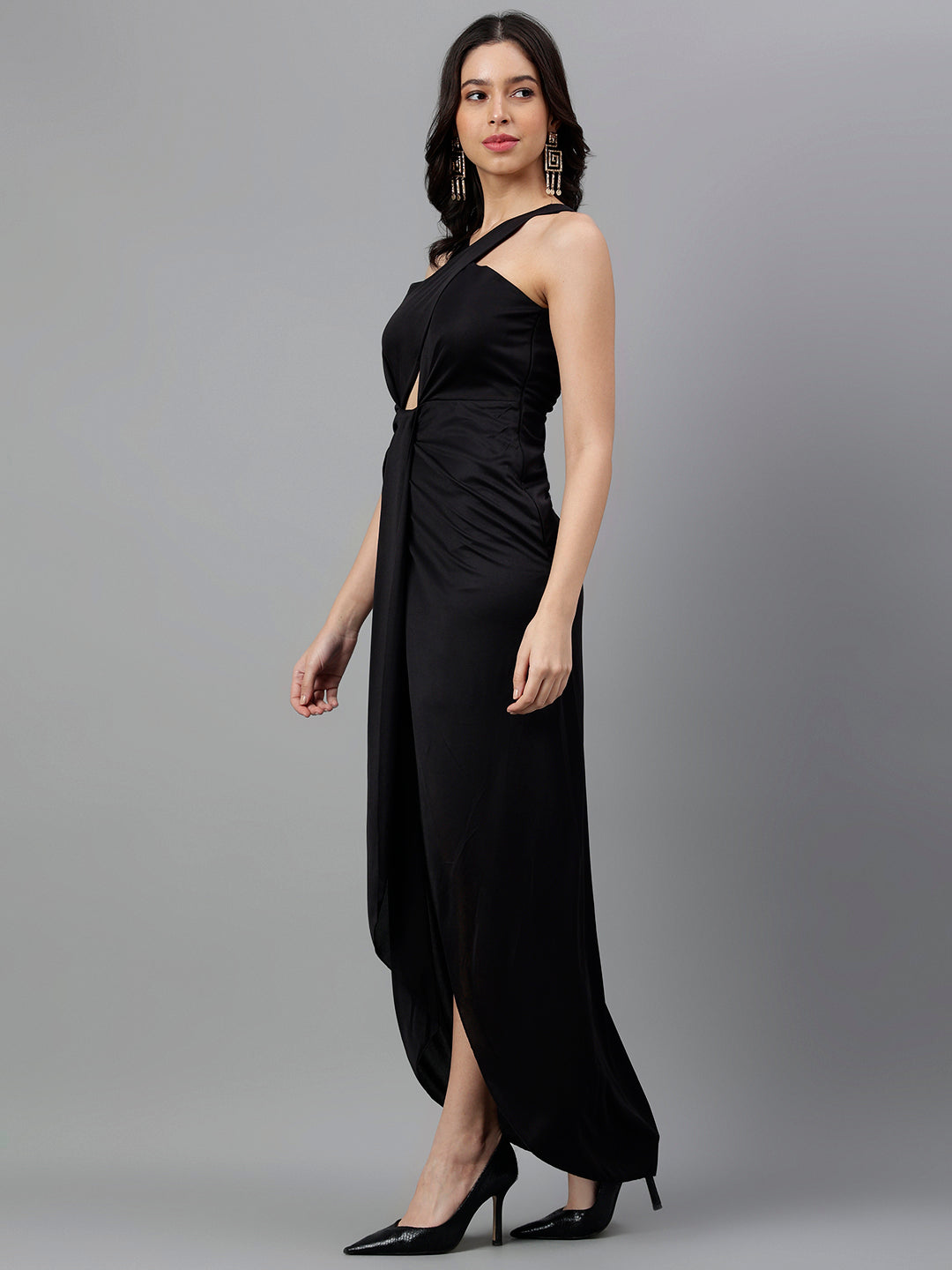 Trymisfit Women's Black Cotton Blend Maxi Co-ord Set – Halter Crop Top & Flowing Maxi Skirt | Elegant Indo-Western Two-Piece Set