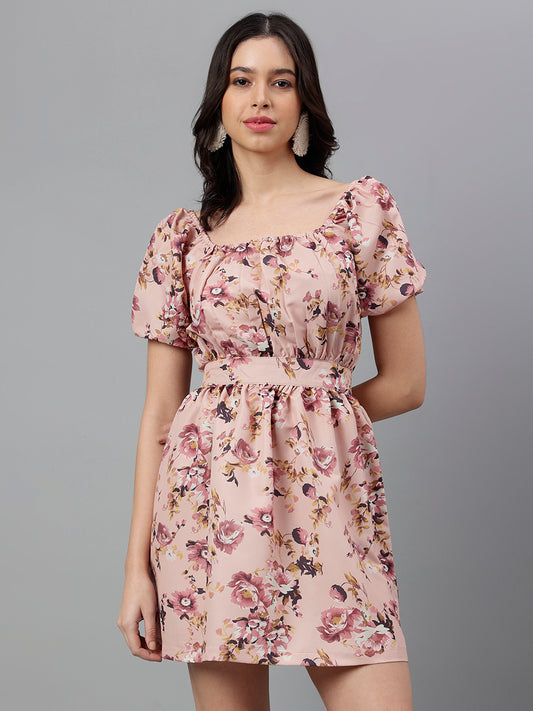 Women's Pink Floral Mini Dress – Open Back Tie-Up, Summer Casual A-Line Sundress