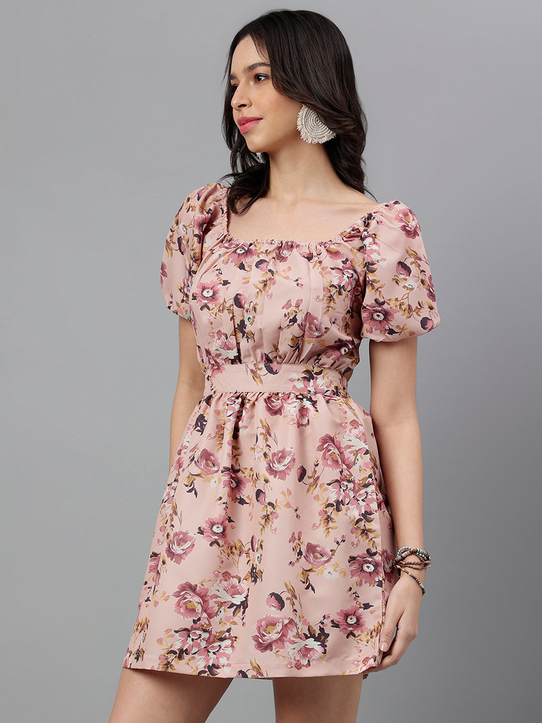 Women's Pink Floral Mini Dress – Open Back Tie-Up, Summer Casual A-Line Sundress