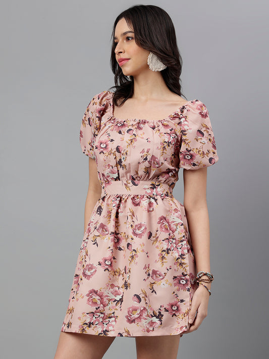 Women's Pink Floral Mini Dress – Open Back Tie-Up, Summer Casual A-Line Sundress
