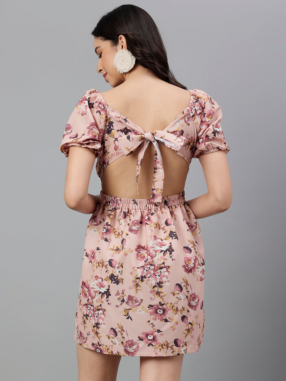 Women's Pink Floral Mini Dress – Open Back Tie-Up, Summer Casual A-Line Sundress