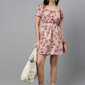 Women's Pink Floral Mini Dress – Open Back Tie-Up, Summer Casual A-Line Sundress
