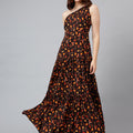 Trymisfit Brown & Orange Leaf Print One-Shoulder Tiered Maxi Dress – Lightweight Boho Style for Women