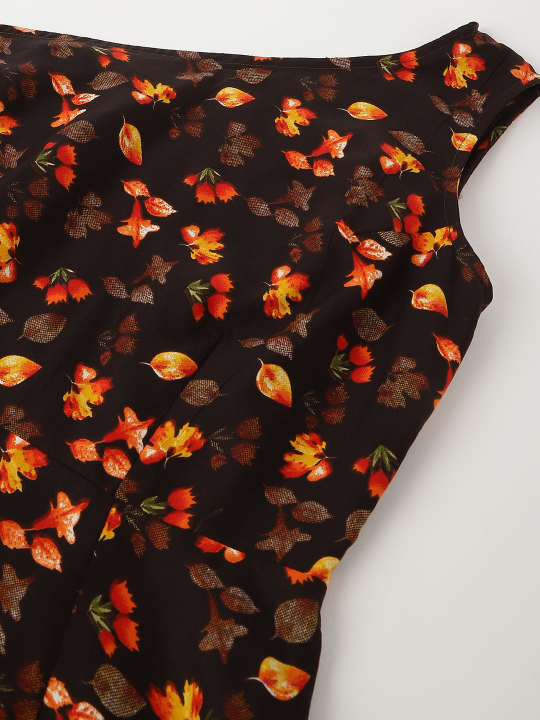 Trymisfit Brown & Orange Leaf Print One-Shoulder Tiered Maxi Dress – Lightweight Boho Style for Women