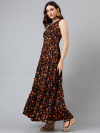 Trymisfit Brown & Orange Leaf Print One-Shoulder Tiered Maxi Dress – Lightweight Boho Style for Women
