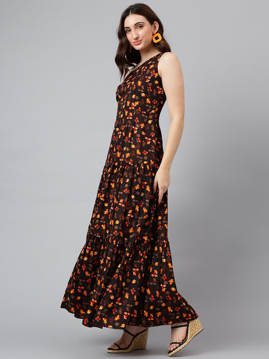 Trymisfit Brown & Orange Leaf Print One-Shoulder Tiered Maxi Dress – Lightweight Boho Style for Women
