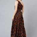 Trymisfit Brown & Orange Leaf Print One-Shoulder Tiered Maxi Dress – Lightweight Boho Style for Women