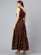 Trymisfit Brown & Orange Leaf Print One-Shoulder Tiered Maxi Dress – Lightweight Boho Style for Women