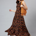 Trymisfit Brown & Orange Leaf Print One-Shoulder Tiered Maxi Dress – Lightweight Boho Style for Women