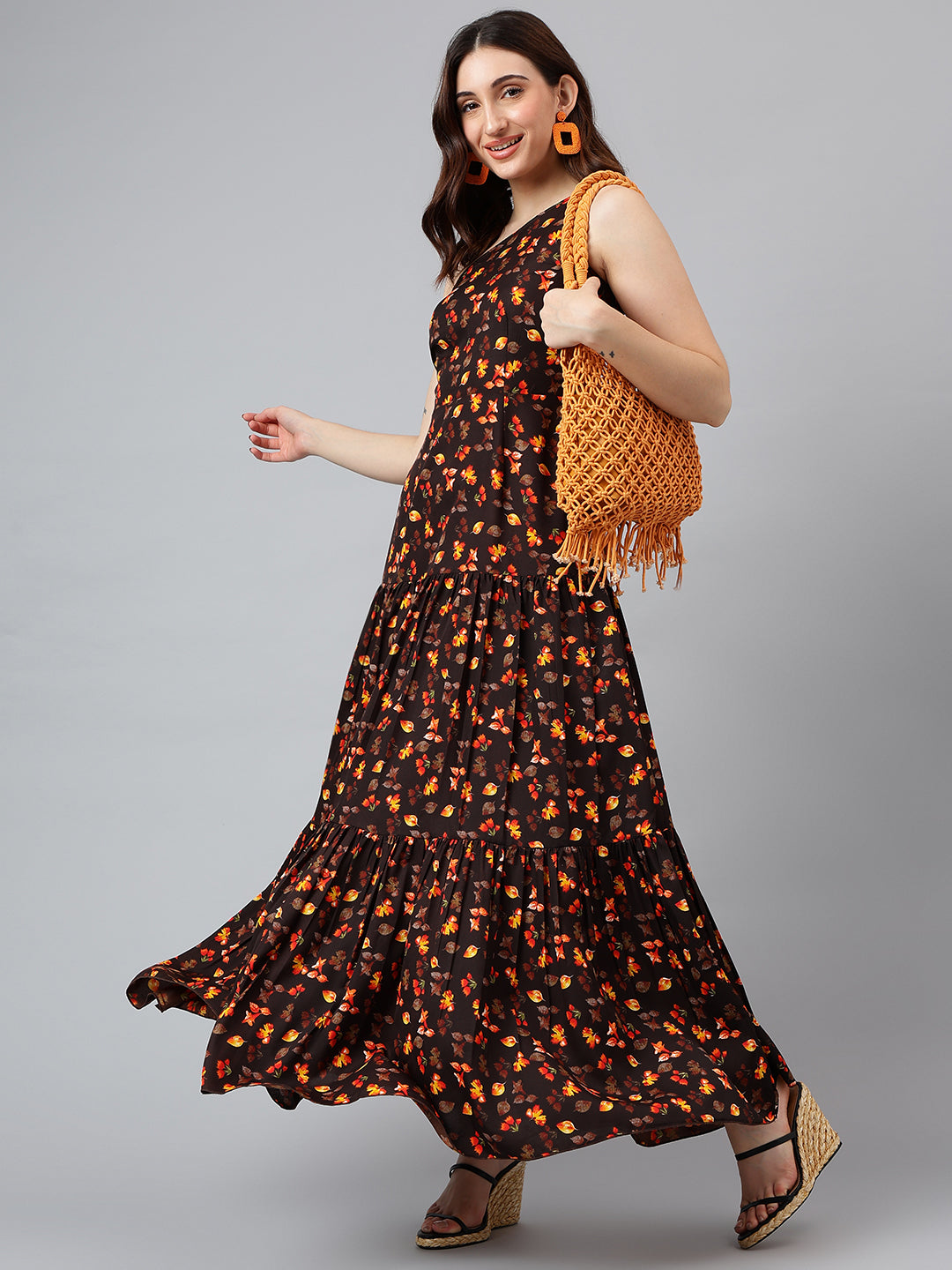 Trymisfit Brown & Orange Leaf Print One-Shoulder Tiered Maxi Dress – Lightweight Boho Style for Women