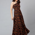 Trymisfit Brown & Orange Leaf Print One-Shoulder Tiered Maxi Dress – Lightweight Boho Style for Women