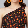 Trymisfit Brown & Orange Leaf Print One-Shoulder Tiered Maxi Dress – Lightweight Boho Style for Women