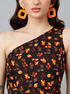 Trymisfit Brown & Orange Leaf Print One-Shoulder Tiered Maxi Dress – Lightweight Boho Style for Women