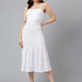 Trymisfit Women’s White Textured Strappy Midi Dress – Square Neck, Tie-Back, Ruffle Hem