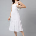 Trymisfit Women’s White Textured Strappy Midi Dress – Square Neck, Tie-Back, Ruffle Hem