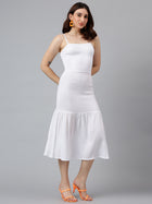 Trymisfit Women’s White Textured Strappy Midi Dress – Square Neck, Tie-Back, Ruffle Hem