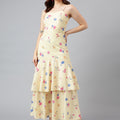 Trymisfit Pink Leaf Print Cut-Out Maxi Dress – Tiered Skirt, Adjustable Straps, Front Knot Detail
